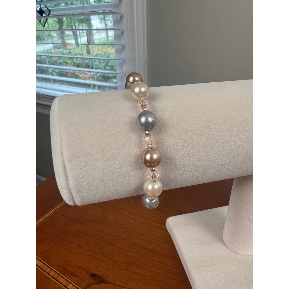 Womens Faux Pearl Stretch Bracelet Champagne Rose Gold Silver Tone Beads 7 In